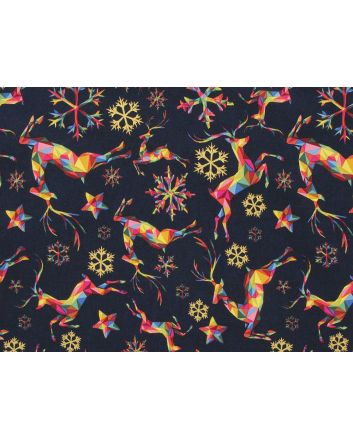 Rainbow Christmas Metallic Cotton Print, Reindeer, Navy