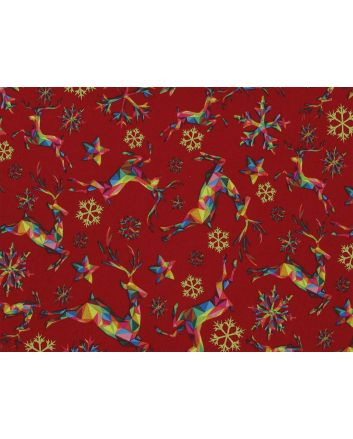 Rainbow Christmas Metallic Cotton Print, Reindeer, Red