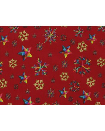 Rainbow Christmas Metallic Cotton Print, Snowflake, Red