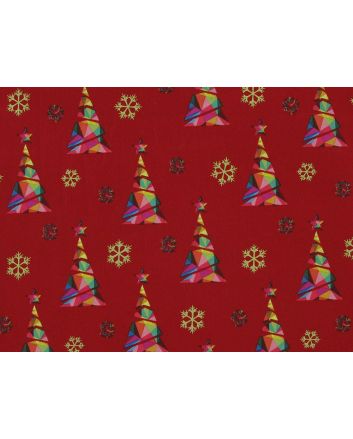 Rainbow Christmas Metallic Cotton Print, Tree, Red
