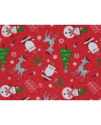 Reindeer Snowman Polycotton Print, Red