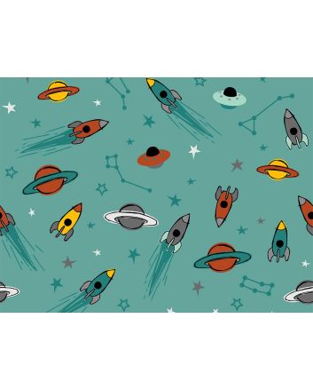 Rocket Ship to Saturn Cotton Jersey, Petrol
