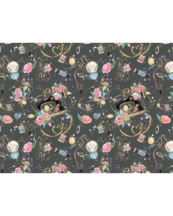 Sew Time Cotton Print, Graphite