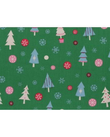 Snowflake Christmas Tree Cotton Print, Green