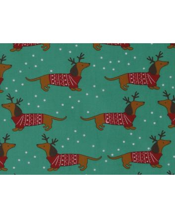 Snowy Sausage Dogs Polycotton Print, Green