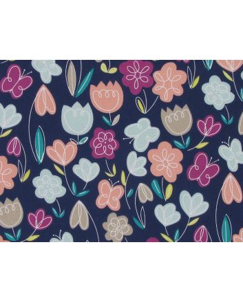 Tulip Garden Doodle Polycotton, Navy