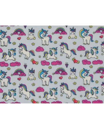 Unicorn Rainbow Hearts Cotton Print, Light Blue