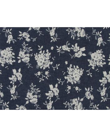 White Rose Bunches Printed Denim, Dark Blue