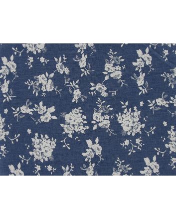 White Rose Bunches Printed Denim, Medium Blue