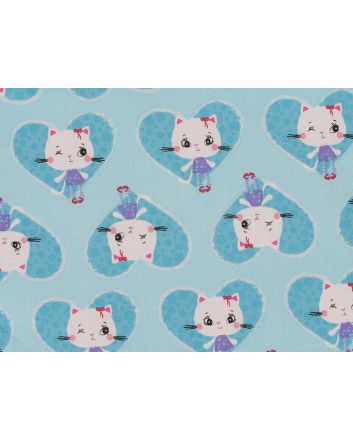 Wink Cats Hearts Cotton Print, Sky
