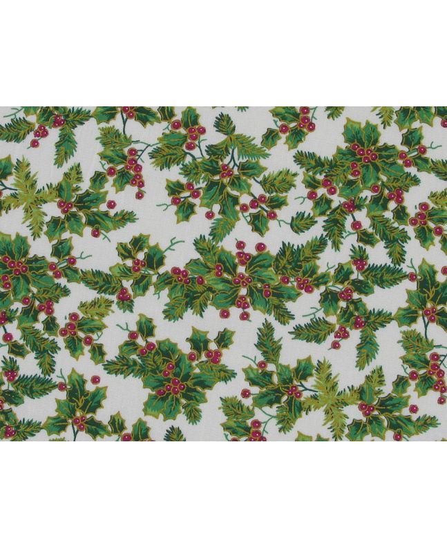 Allover Christmas Golden Holly Cotton Poplin, Ivory