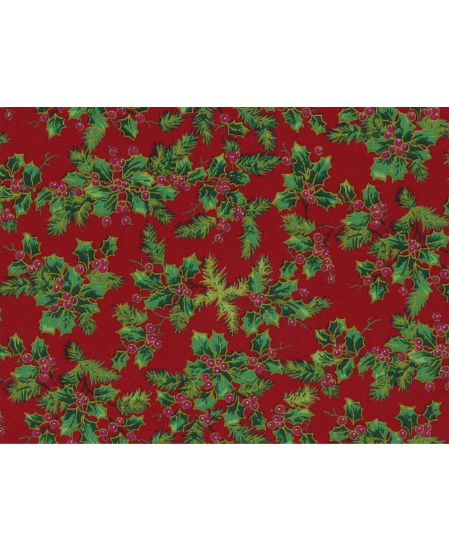 Allover Christmas Golden Holly Cotton Poplin, Red