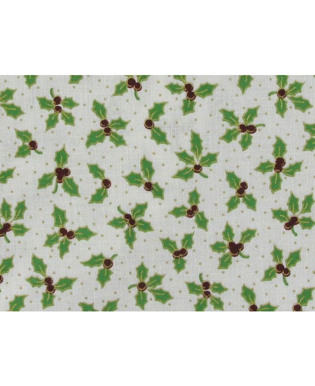 Allover Mini Chistmas Holly Cotton Print, Ivory