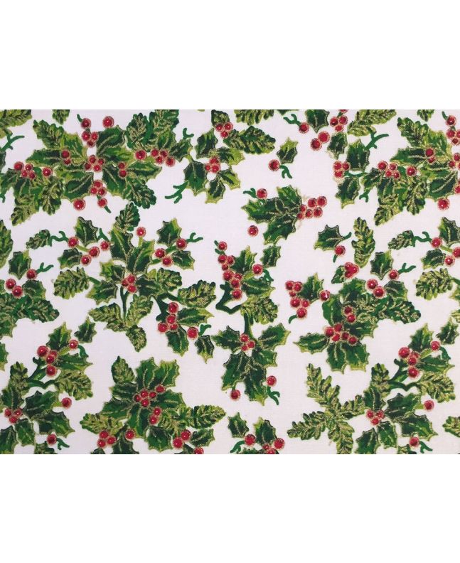 Christmas Allover Holly Cotton Print, Cream