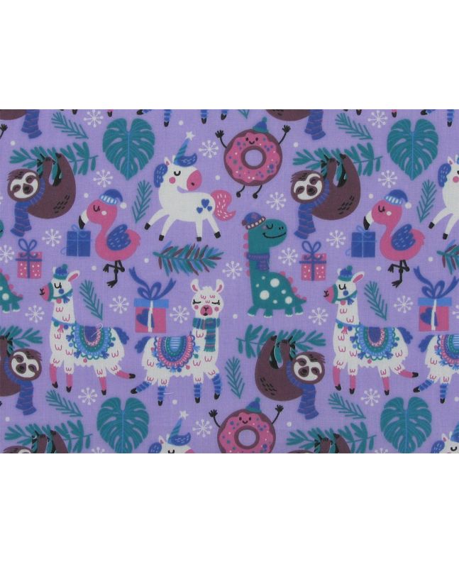 Christmas Animal Party Polycotton Print, Lilac
