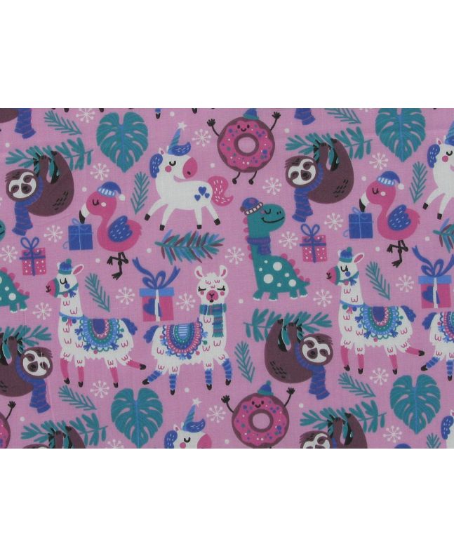 Christmas Animal Party Polycotton Print, Pink
