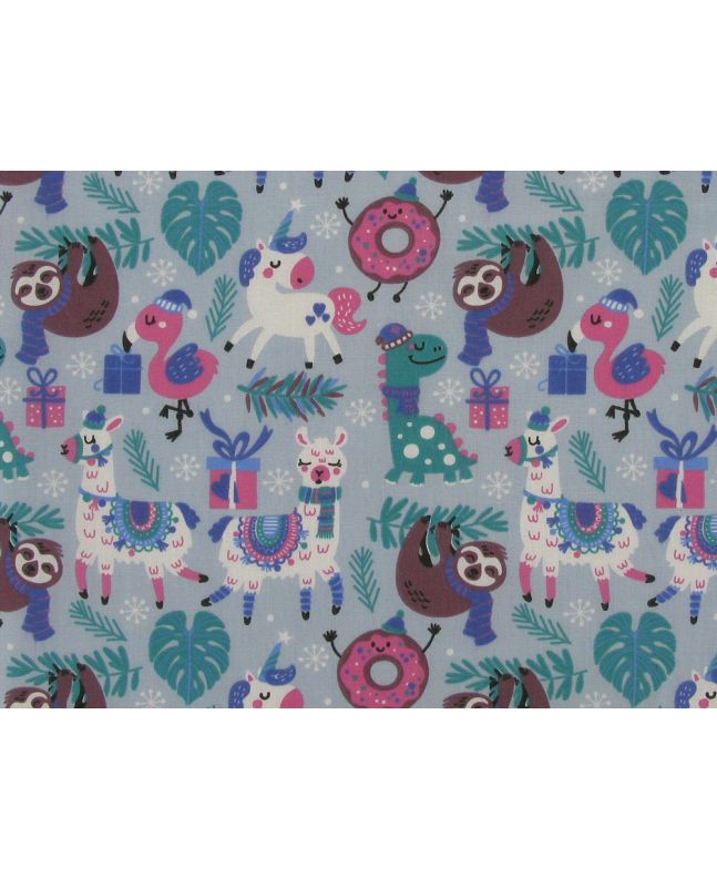 Christmas Animal Party Polycotton Print, Sky