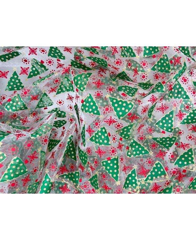 Christmas Foil Print Organza, Christmas Trees