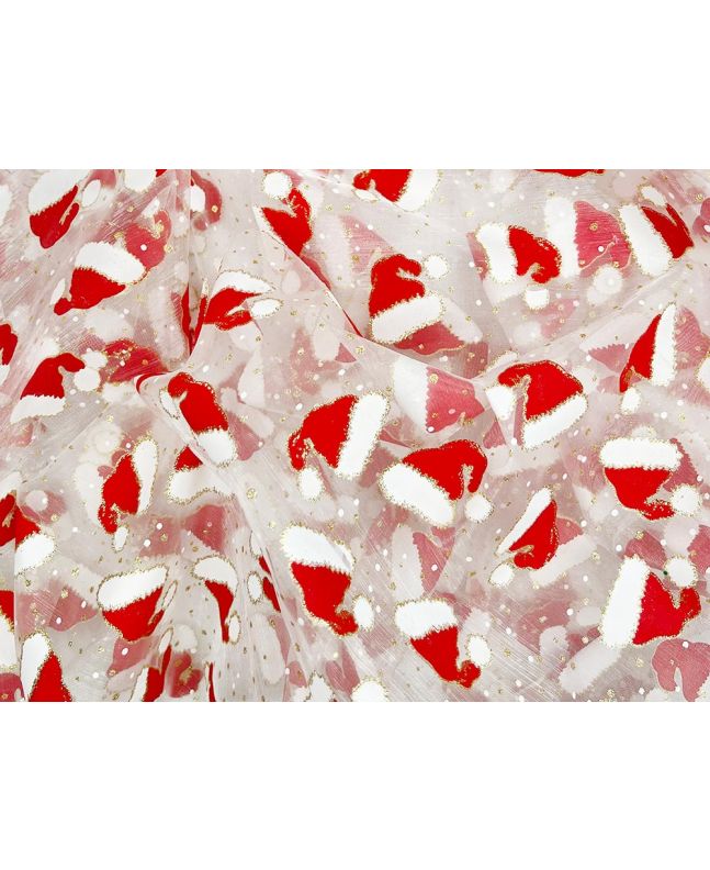 Christmas Foil Print Organza, Santa Hats