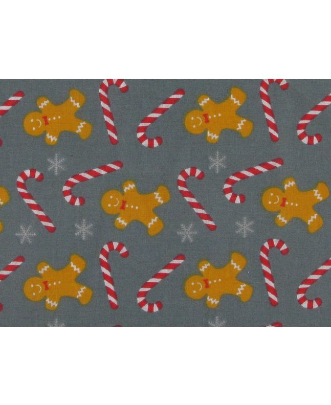 Christmas Gingerbread Men Polycotton Print, Grey