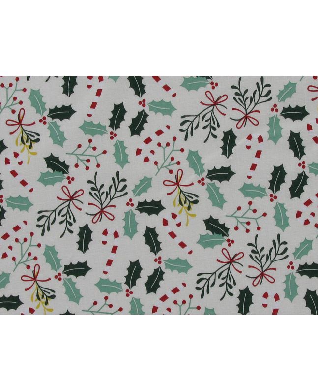 Christmas Holly Candy Cane Cotton Poplin Print, Ivory