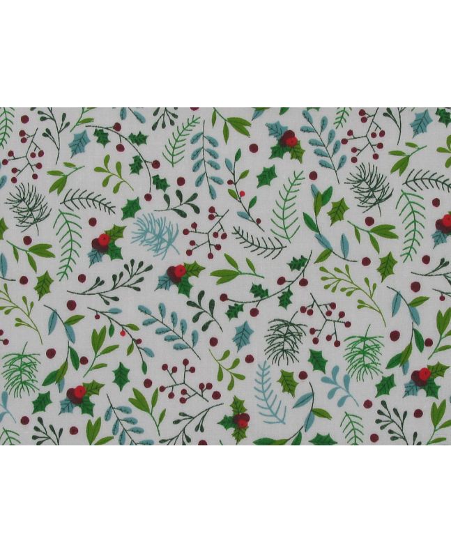 Christmas Holly Leaves Polly Cotton Print, White