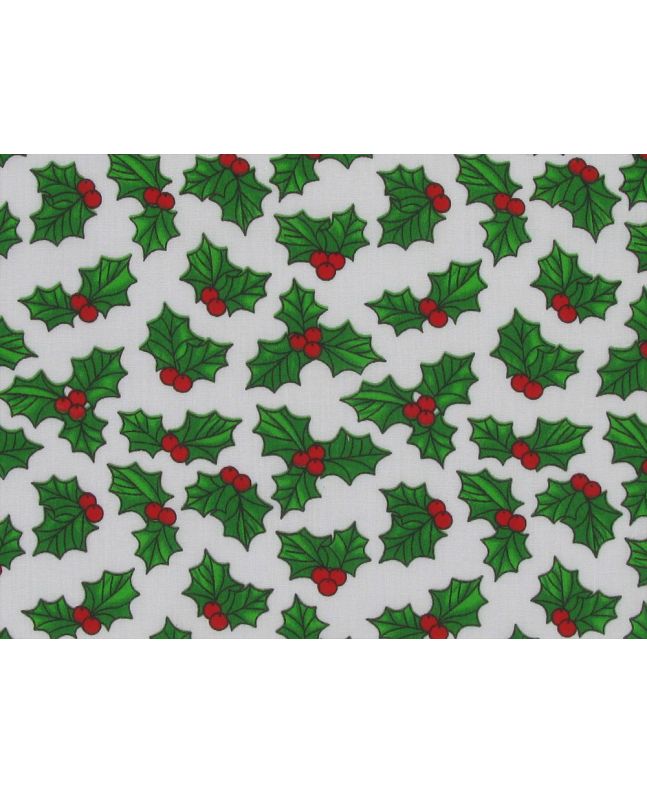 Christmas Holly Polycotton, White