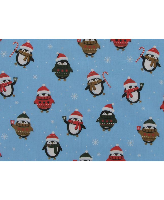 Christmas Jumper Penguins Polycotton Print, Sky