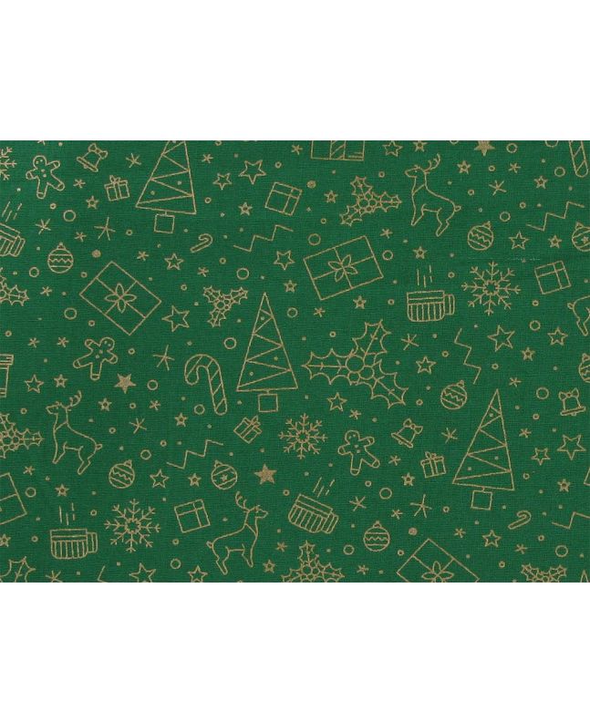 Christmas Present Doodle Gold Foil Cotton Print, Green