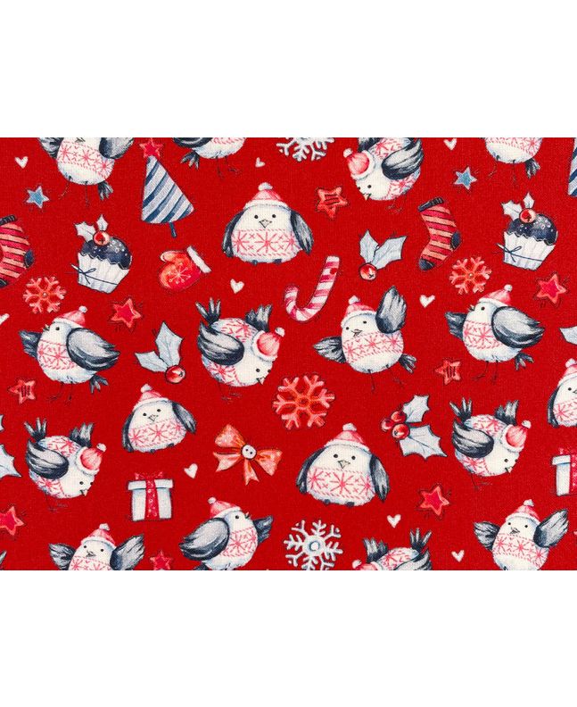Christmas Robin Surprise Cotton Print, Red