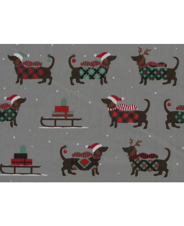 Christmas Sausage Dog Polycotton Print, Grey