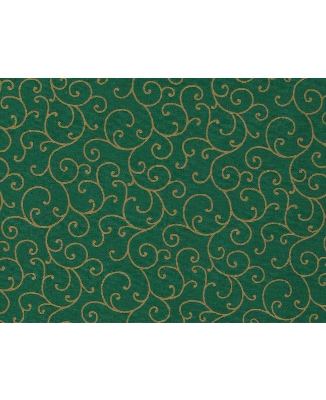 Christmas Scroll Gold Foil Cotton Print, Green
