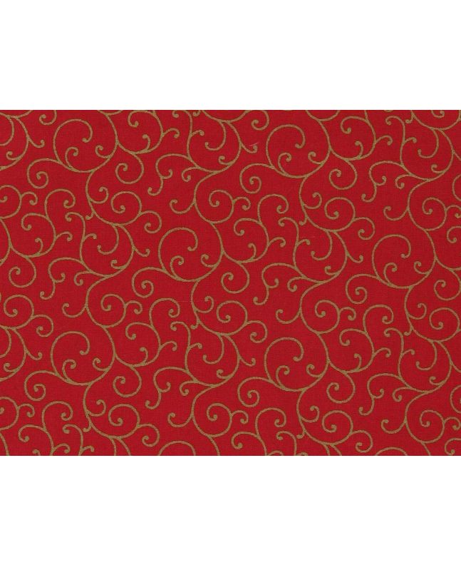Christmas Scroll Gold Foil Cotton Print, Red
