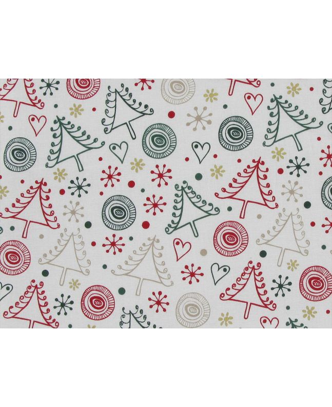 Christmas Tree Doodle Cotton Poplin, Ivory
