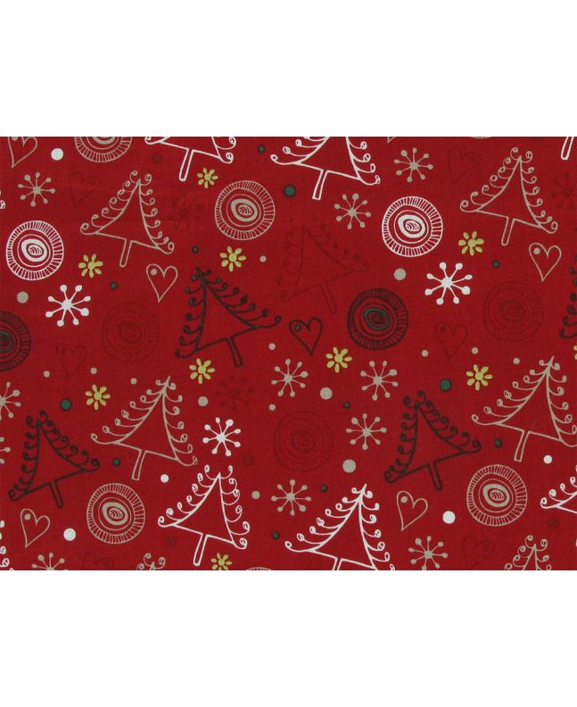 Christmas Tree Doodle Cotton Poplin, Red