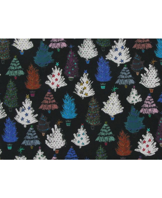 Christmas Tree Mix Cotton Print, Black