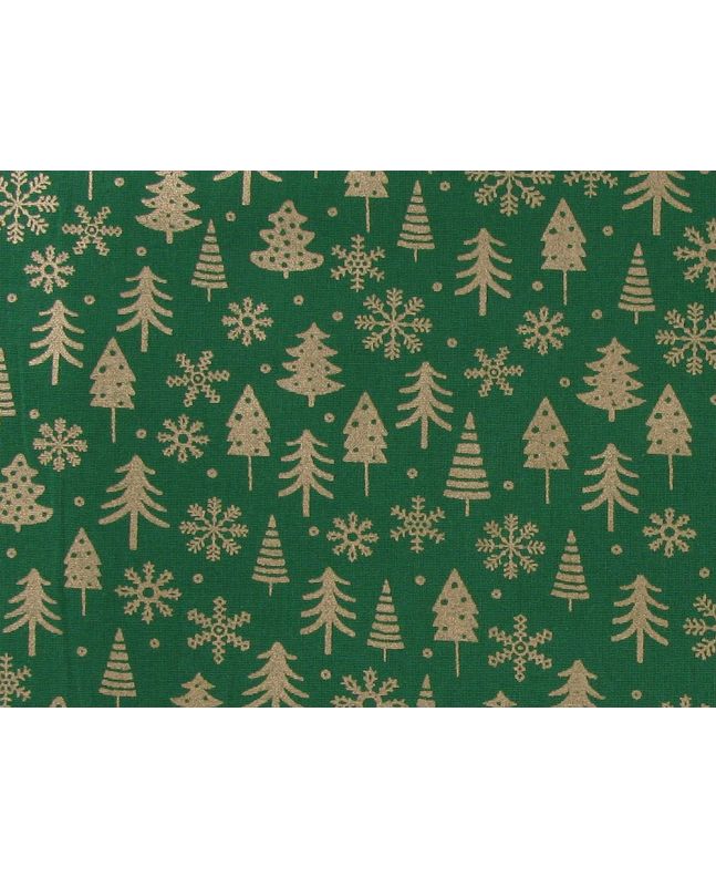 Christmas Tree Snowflake Gold Foil Cotton Print, Green