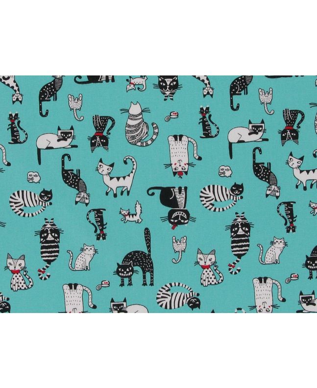 Clever Cats Cotton Poplin Print, Aqua