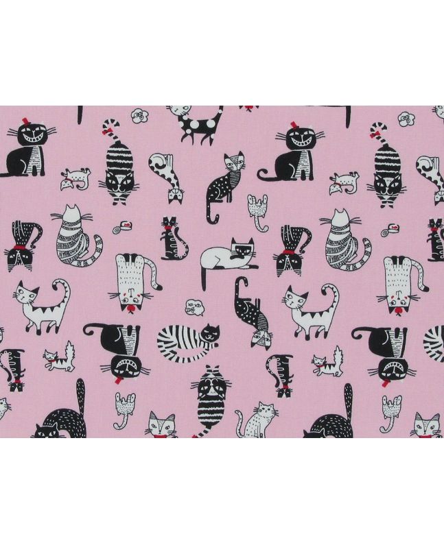 Clever Cats Cotton Poplin Print, Pink