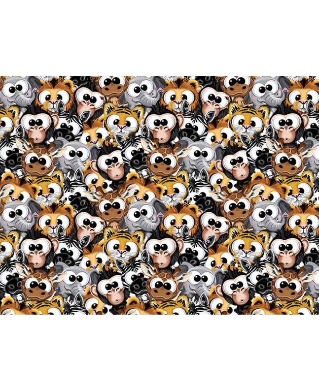 Cuddly Animal Crowd Cotton Print, Yellow and Grey