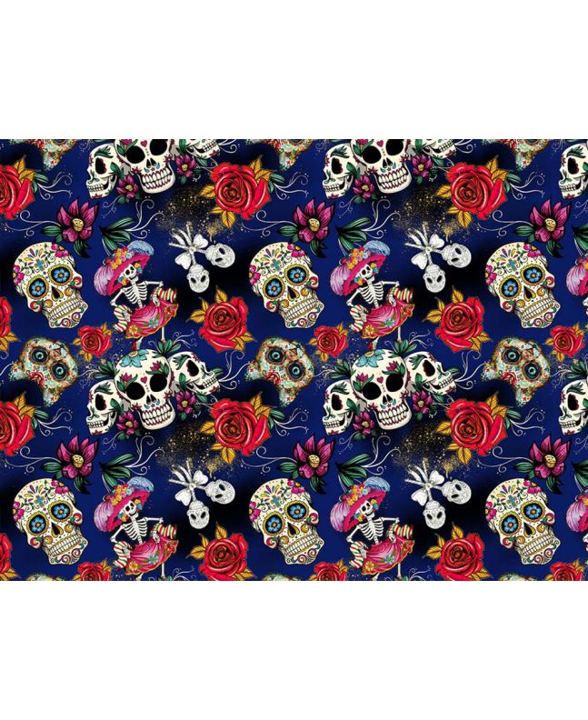 Day Of The Dead Cotton Print, Blue