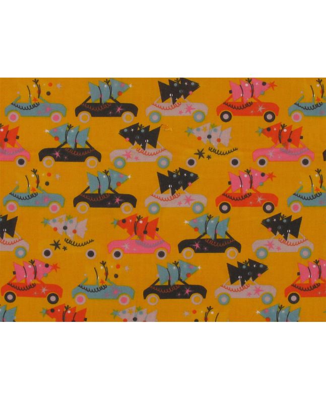 Driving Home with Christmas Polycotton Print, Ochre