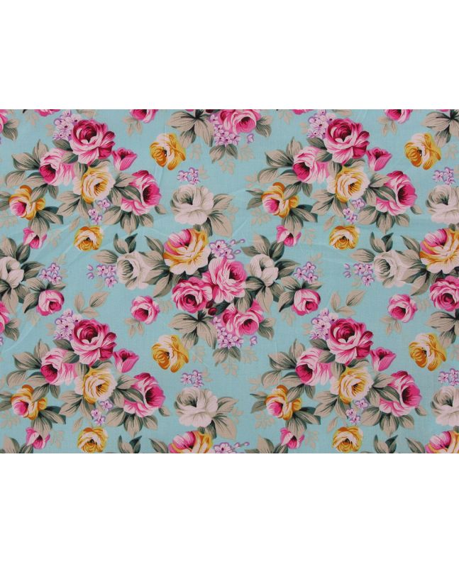 English Rose Bouquet Cotton Poplin Print, Sky