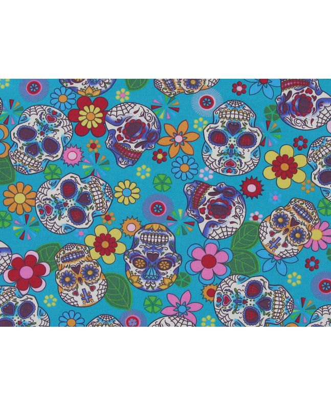 Floral Skull Cotton Poplin Print, Turquoise