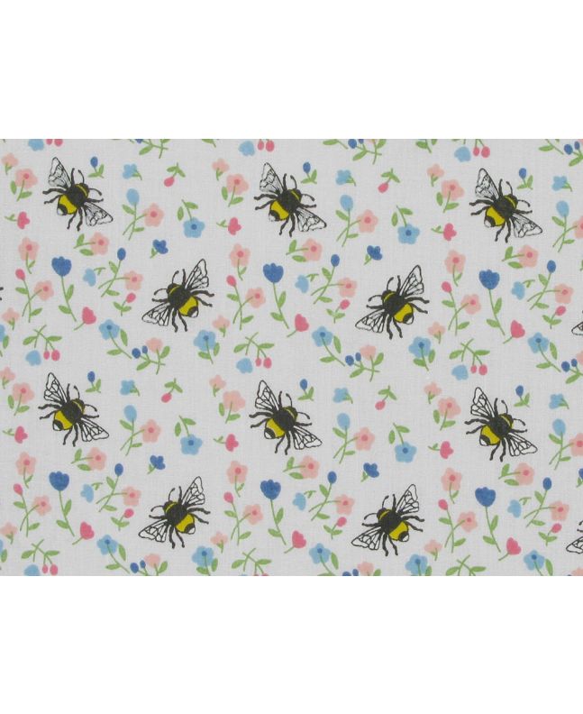 Flower Bees Polycotton Print, White