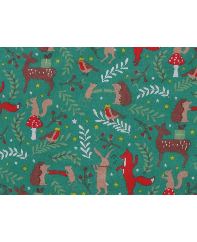 Forest Animal Christmas Party Polycotton Print, Green