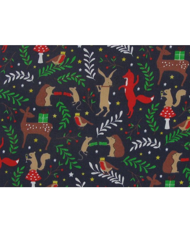 Forest Animal Christmas Party Polycotton Print, Navy
