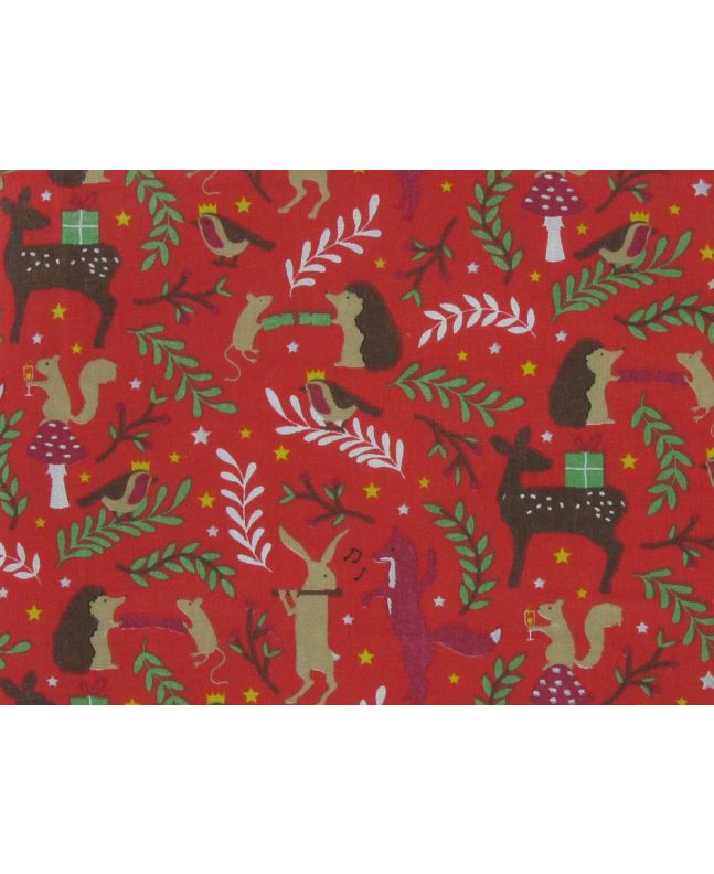 Forest Animal Christmas Party Polycotton Print, Red