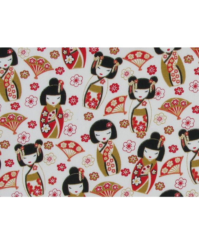 Geisha Fan Cotton Poplin Print, White
