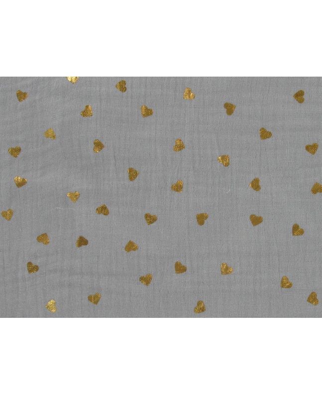 Hearts Foil Print Double Gauze, Grey